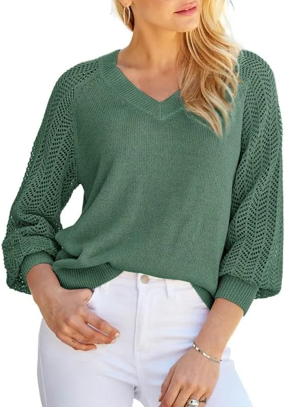 Dokotoo Women's Casual V-Neck Long Sleeve Sweaters Solid Color Pullover Knit Sweater Jumper Tops
