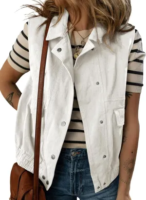 Dokotoo Womens Vests Outerwear Button-Down Lapel Collar Elastic Hem Lightweight Spring Waistcoat Sleeveless Jacket Cargo Vest