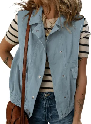 Dokotoo Womens Vests Outerwear Button-Down Lapel Collar Elastic Hem Lightweight Spring Waistcoat Sleeveless Jacket Cargo Vest