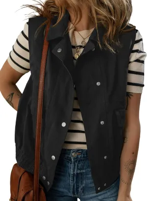 Dokotoo Womens Vests Outerwear Button-Down Lapel Collar Elastic Hem Lightweight Spring Waistcoat Sleeveless Jacket Cargo Vest