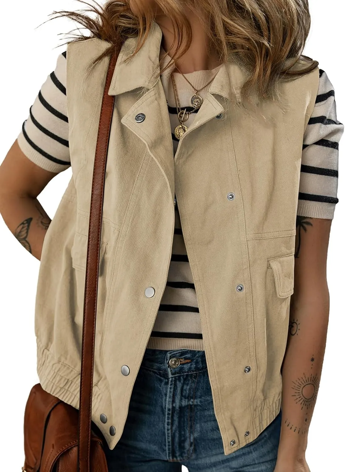 Dokotoo Womens Vests Outerwear Button-Down Lapel Collar Elastic Hem Lightweight Spring Waistcoat Sleeveless Jacket Cargo Vest