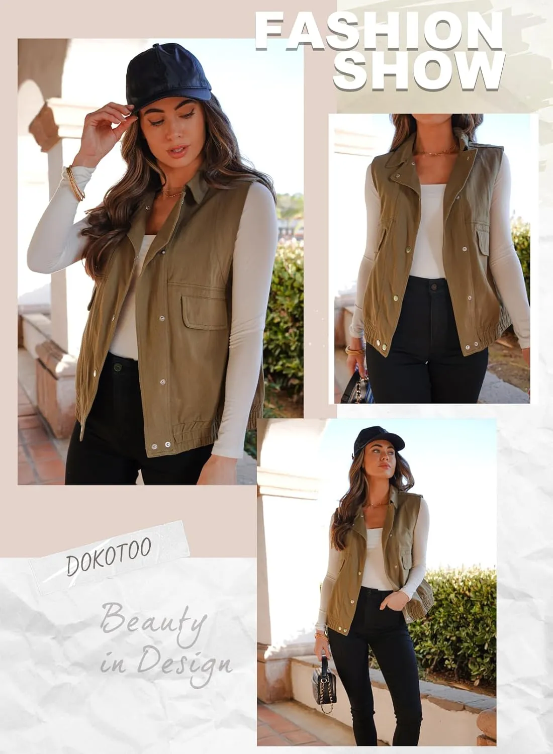 Dokotoo Womens Vests Outerwear Button-Down Lapel Collar Elastic Hem Lightweight Spring Waistcoat Sleeveless Jacket Cargo Vest