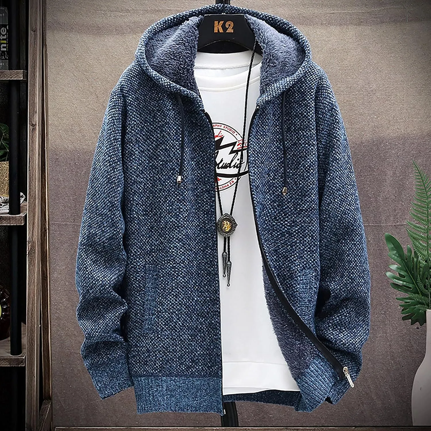 DuDubaby Fleece Lined Hoodie for Men Fall and Winter Casual Sweater Jacket Warm Knit Sweater Hooded Hoodie