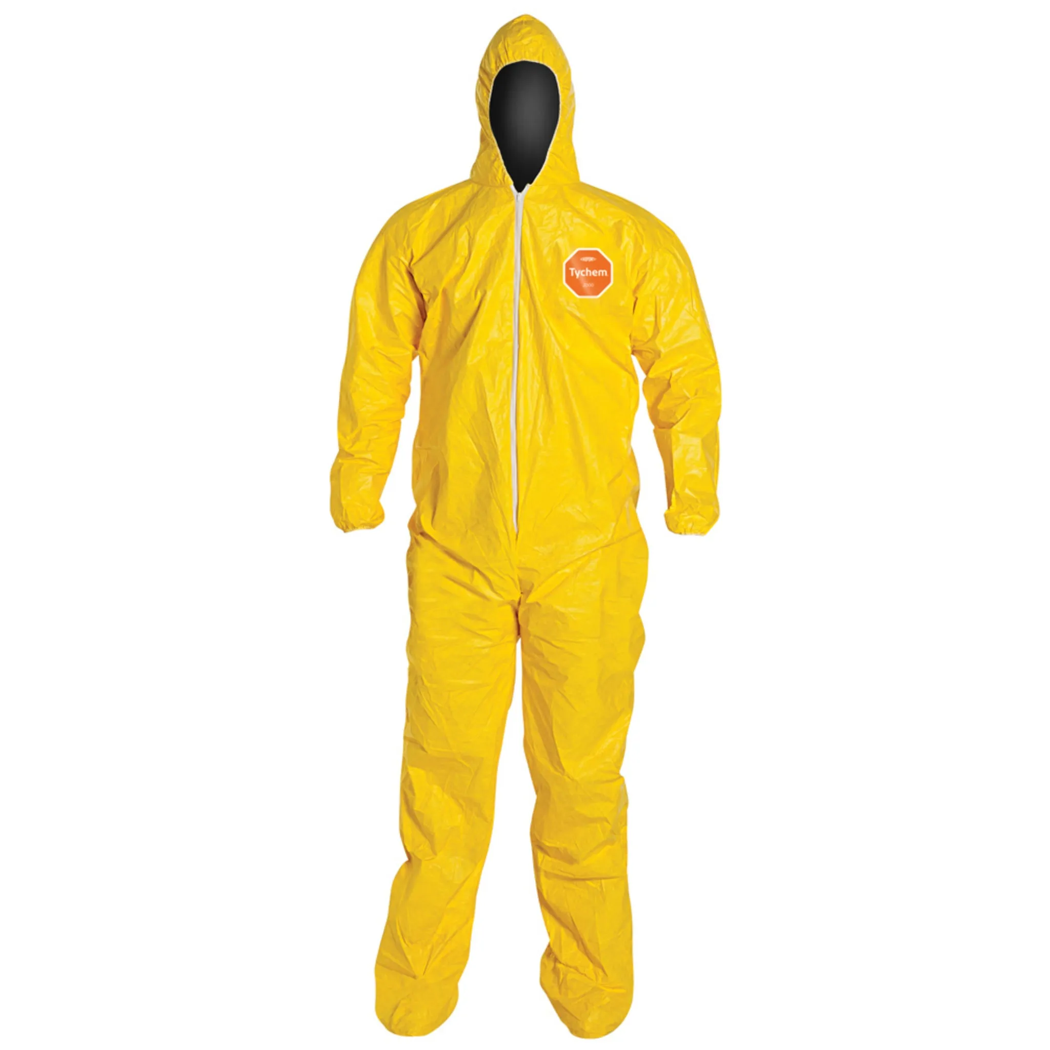 DuPont Tychem 2000 QC122SYL Chemical Protective Coverall with Hood, Elastic Wrists, Attached Socks, 10 Mil, Yellow, Case of 12