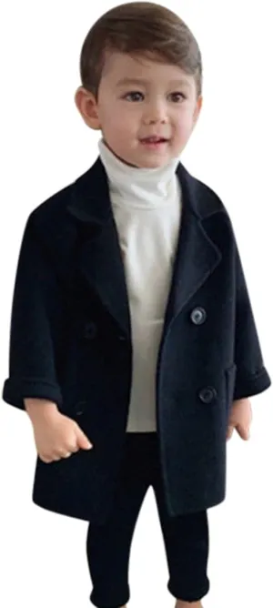 EnJoCho Toddler Baby Boys Winter Elegant Notched Collar Coat Double Breasted Trench Coat Warm Wool Pea Coat Jacket for Kids (Black-02#, 18-24 Months)