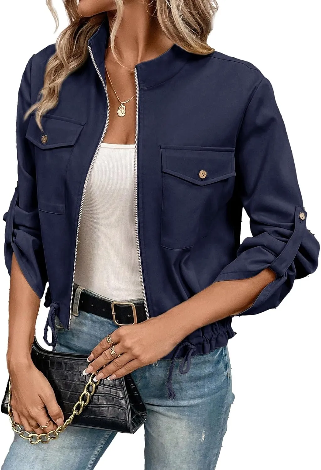 EVALESS Womens Zip Up Jacket Roll Tab Sleeve Flap Pocket Drawstring Hem Utility Lightweight Cropped Jackets