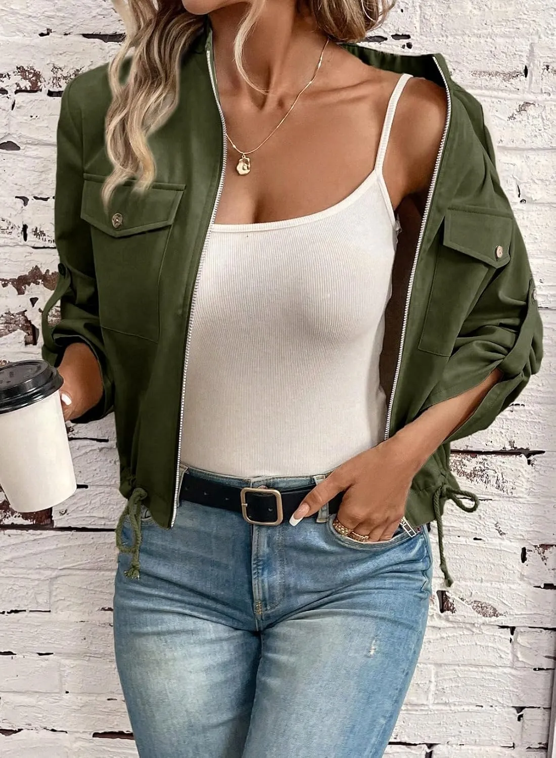 EVALESS Womens Zip Up Jacket Roll Tab Sleeve Flap Pocket Drawstring Hem Utility Lightweight Cropped Jackets