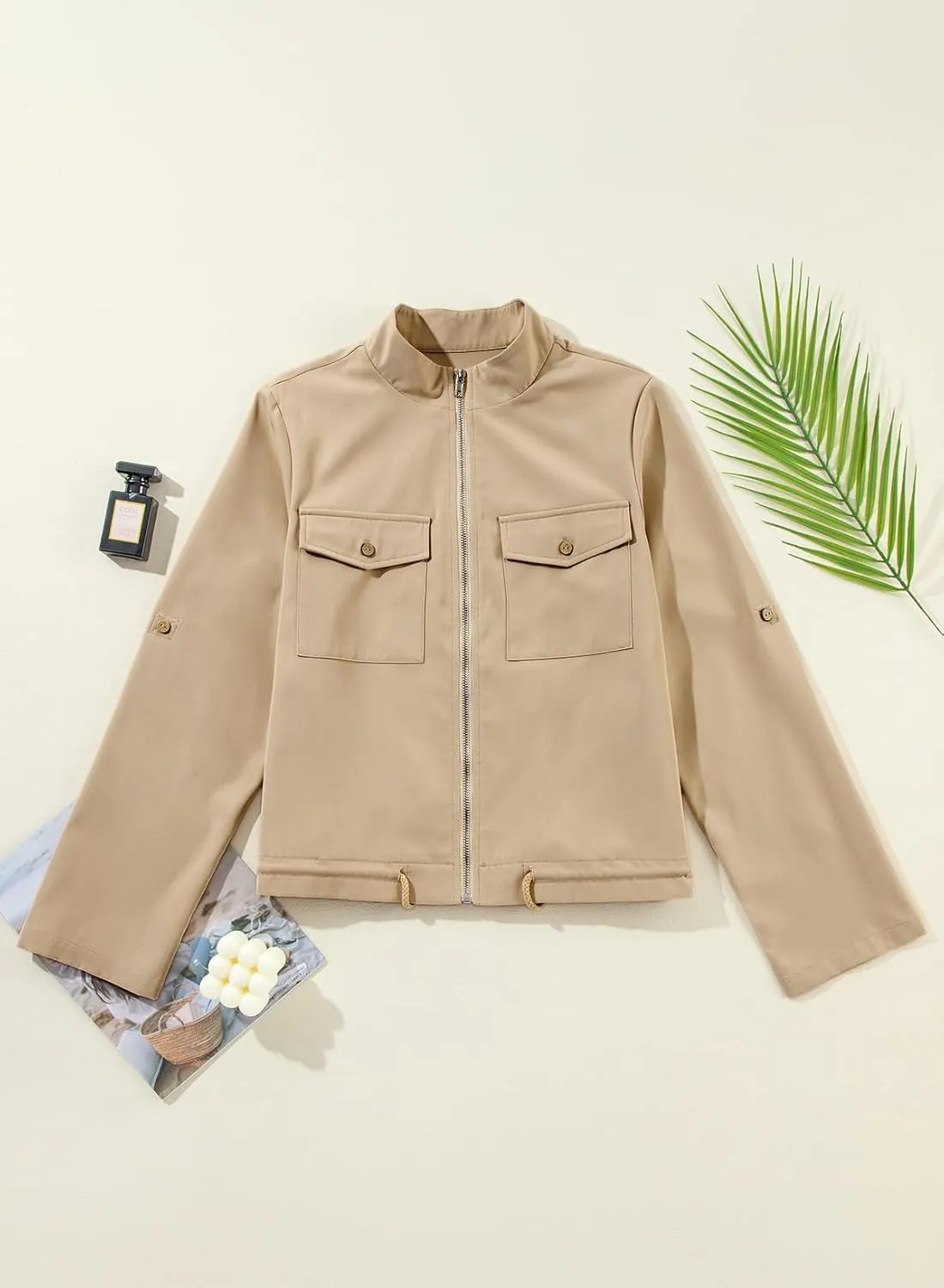 EVALESS Womens Zip Up Jacket Roll Tab Sleeve Flap Pocket Drawstring Hem Utility Lightweight Cropped Jackets