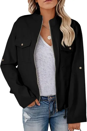 EVALESS Womens Zip Up Jacket Roll Tab Sleeve Flap Pocket Drawstring Hem Utility Lightweight Cropped Jackets