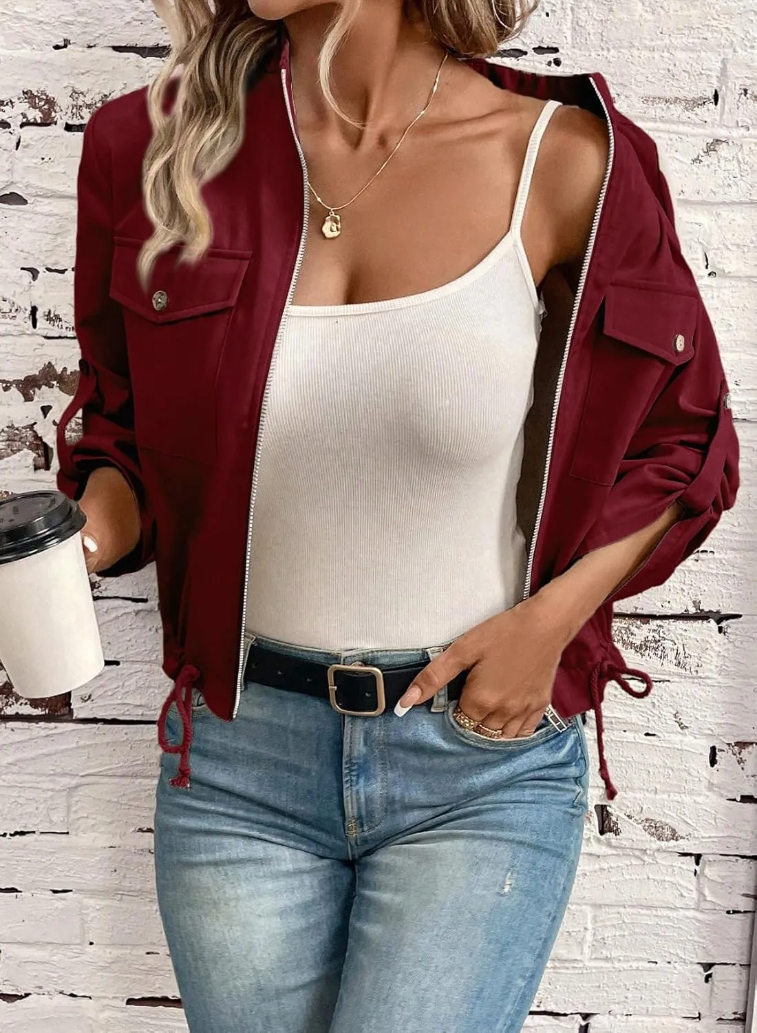 EVALESS Womens Zip Up Jacket Roll Tab Sleeve Flap Pocket Drawstring Hem Utility Lightweight Cropped Jackets