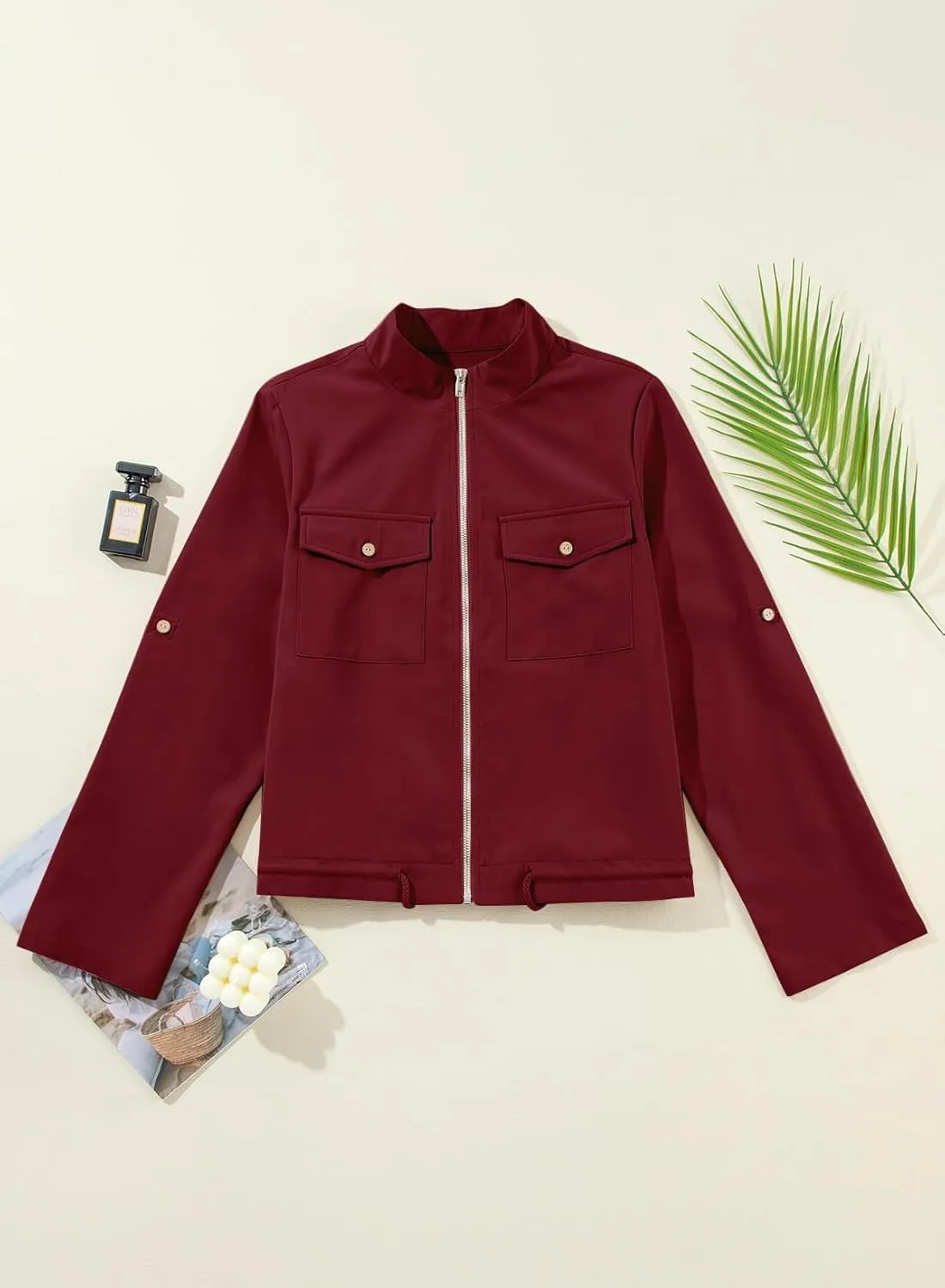 EVALESS Womens Zip Up Jacket Roll Tab Sleeve Flap Pocket Drawstring Hem Utility Lightweight Cropped Jackets
