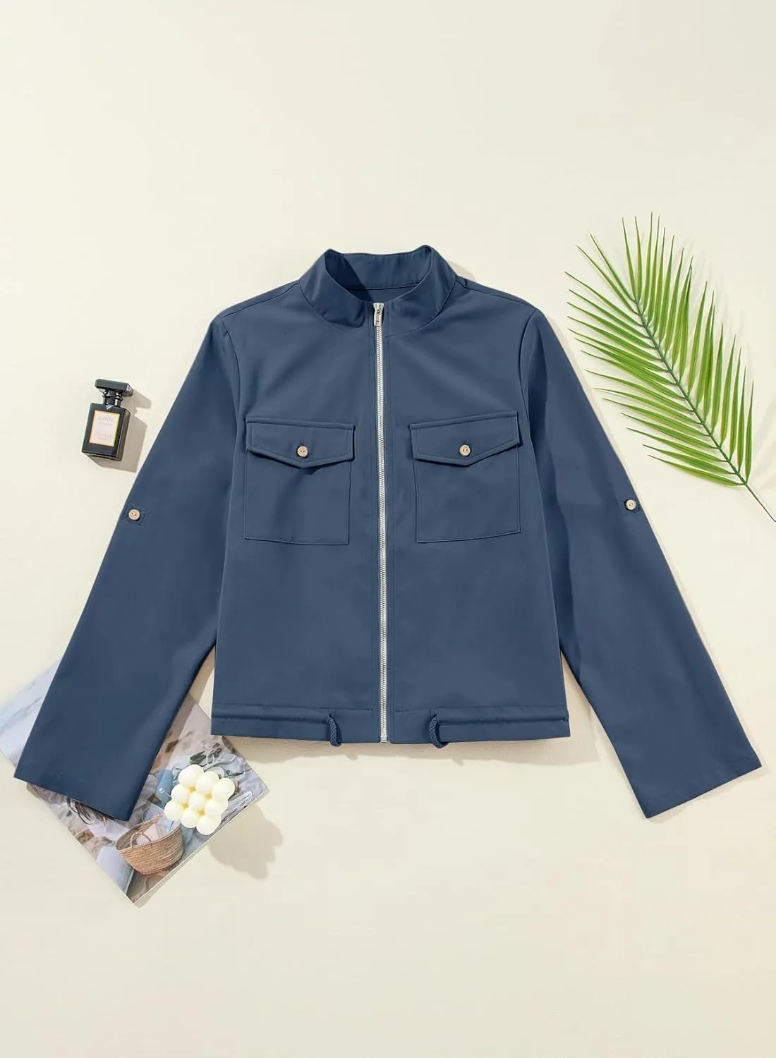 EVALESS Womens Zip Up Jacket Roll Tab Sleeve Flap Pocket Drawstring Hem Utility Lightweight Cropped Jackets