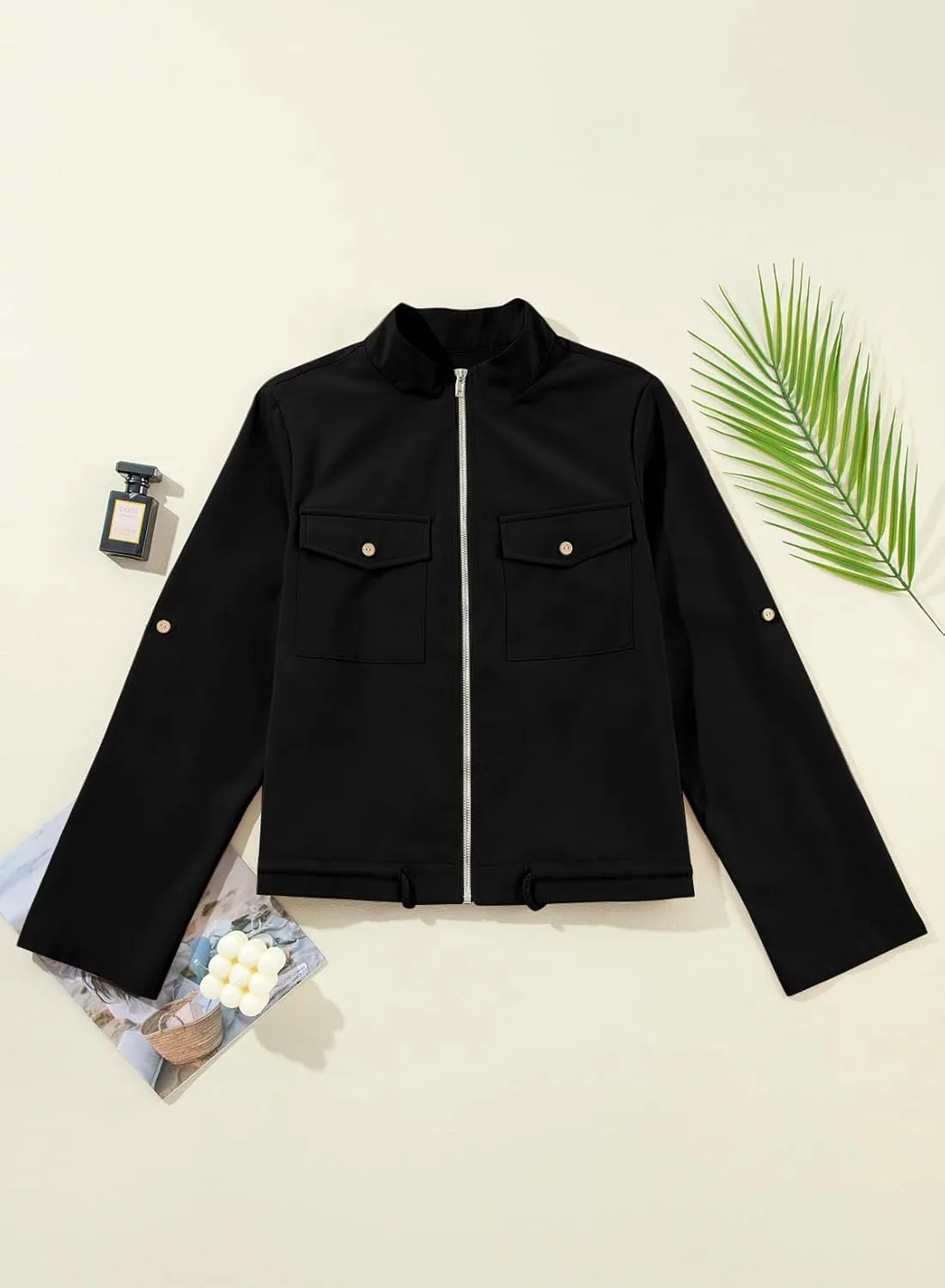 EVALESS Womens Zip Up Jacket Roll Tab Sleeve Flap Pocket Drawstring Hem Utility Lightweight Cropped Jackets