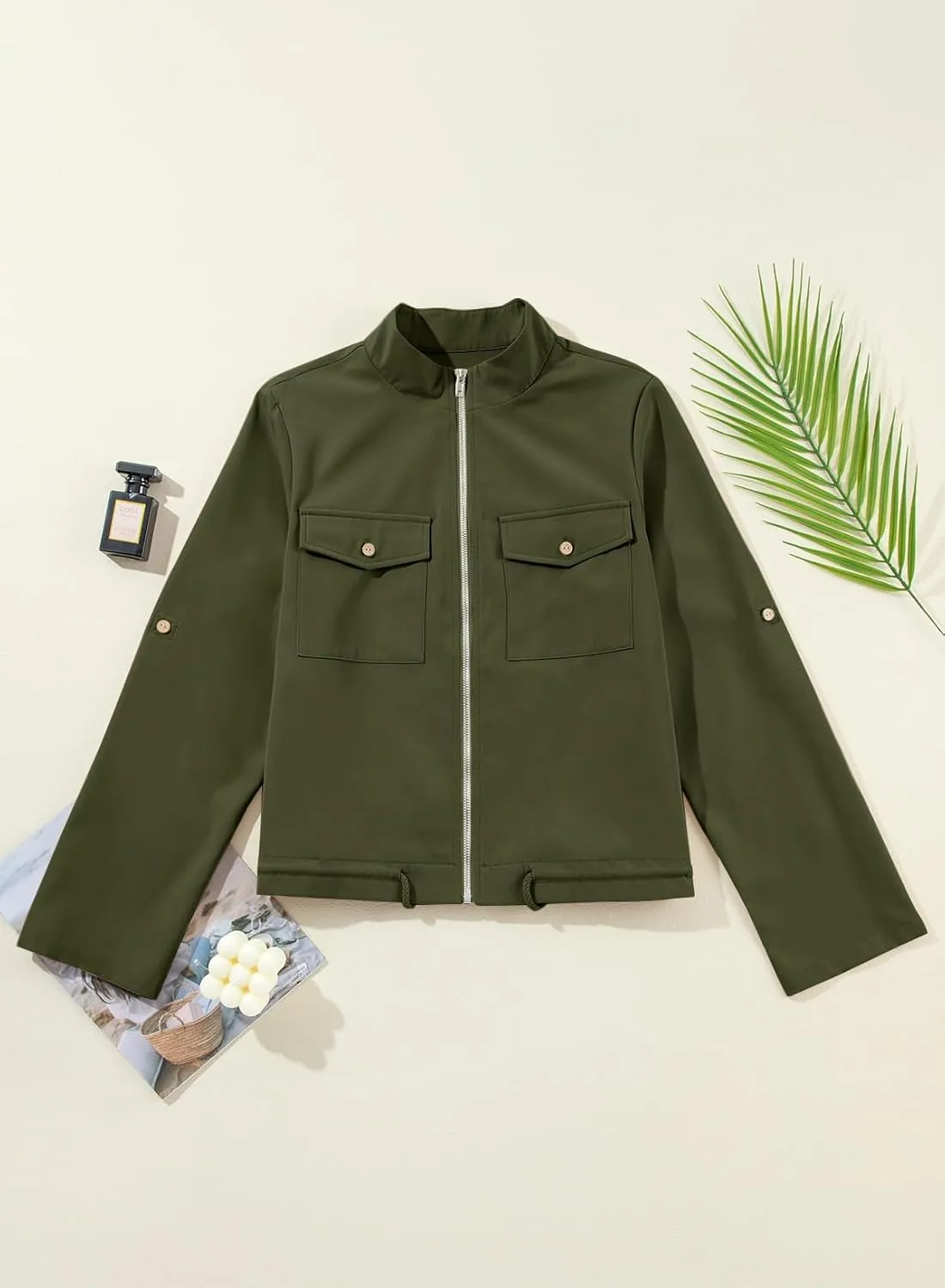 EVALESS Womens Zip Up Jacket Roll Tab Sleeve Flap Pocket Drawstring Hem Utility Lightweight Cropped Jackets