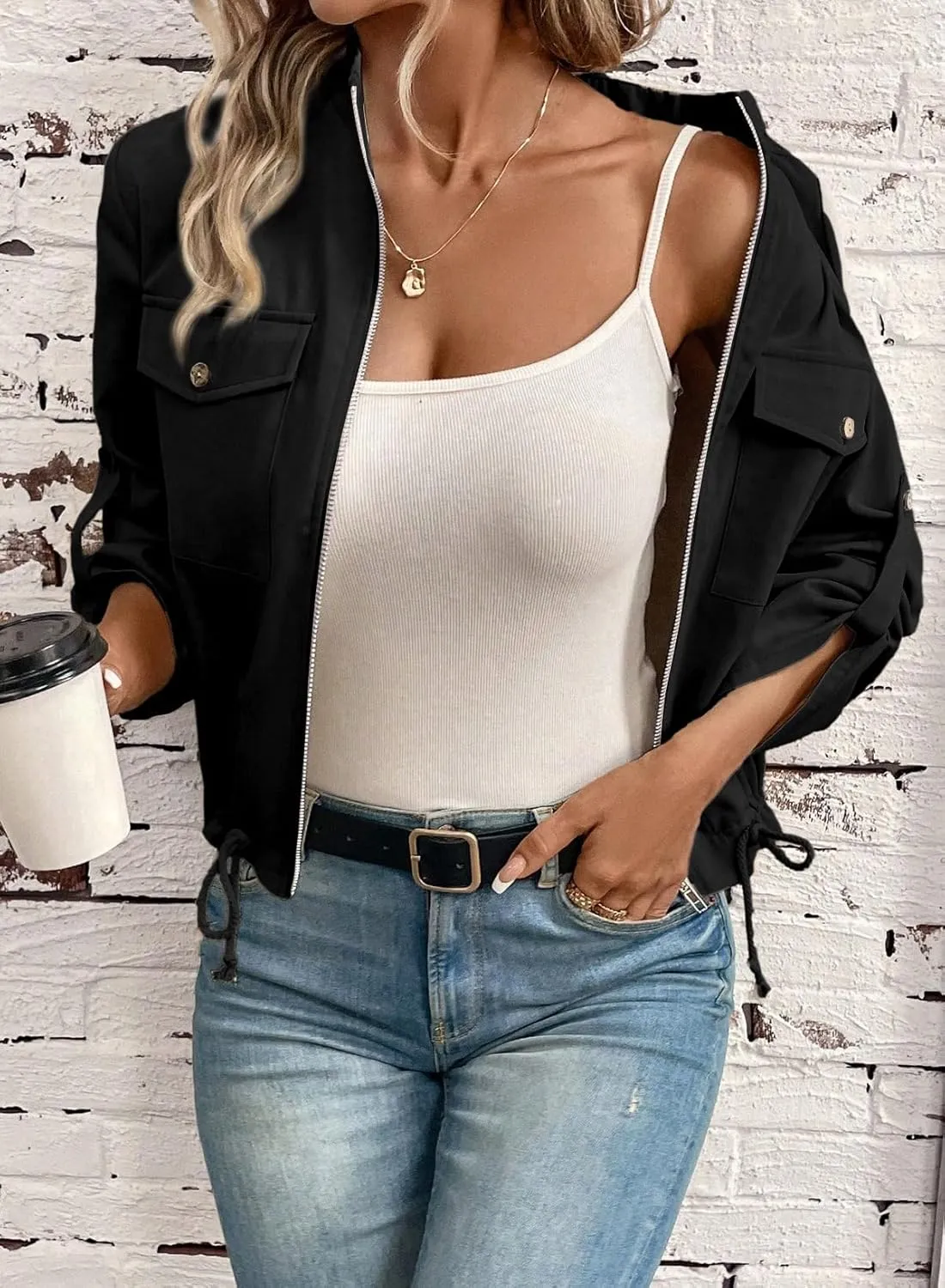 EVALESS Womens Zip Up Jacket Roll Tab Sleeve Flap Pocket Drawstring Hem Utility Lightweight Cropped Jackets