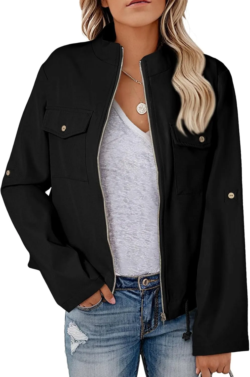 EVALESS Womens Zip Up Jacket Roll Tab Sleeve Flap Pocket Drawstring Hem Utility Lightweight Cropped Jackets