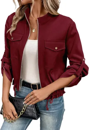 EVALESS Womens Zip Up Jacket Roll Tab Sleeve Flap Pocket Drawstring Hem Utility Lightweight Cropped Jackets