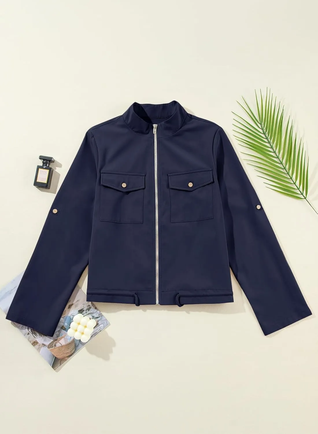 EVALESS Womens Zip Up Jacket Roll Tab Sleeve Flap Pocket Drawstring Hem Utility Lightweight Cropped Jackets