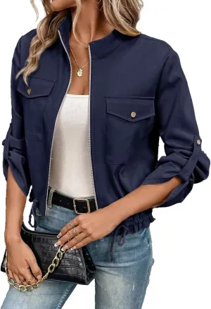 EVALESS Womens Zip Up Jacket Roll Tab Sleeve Flap Pocket Drawstring Hem Utility Lightweight Cropped Jackets