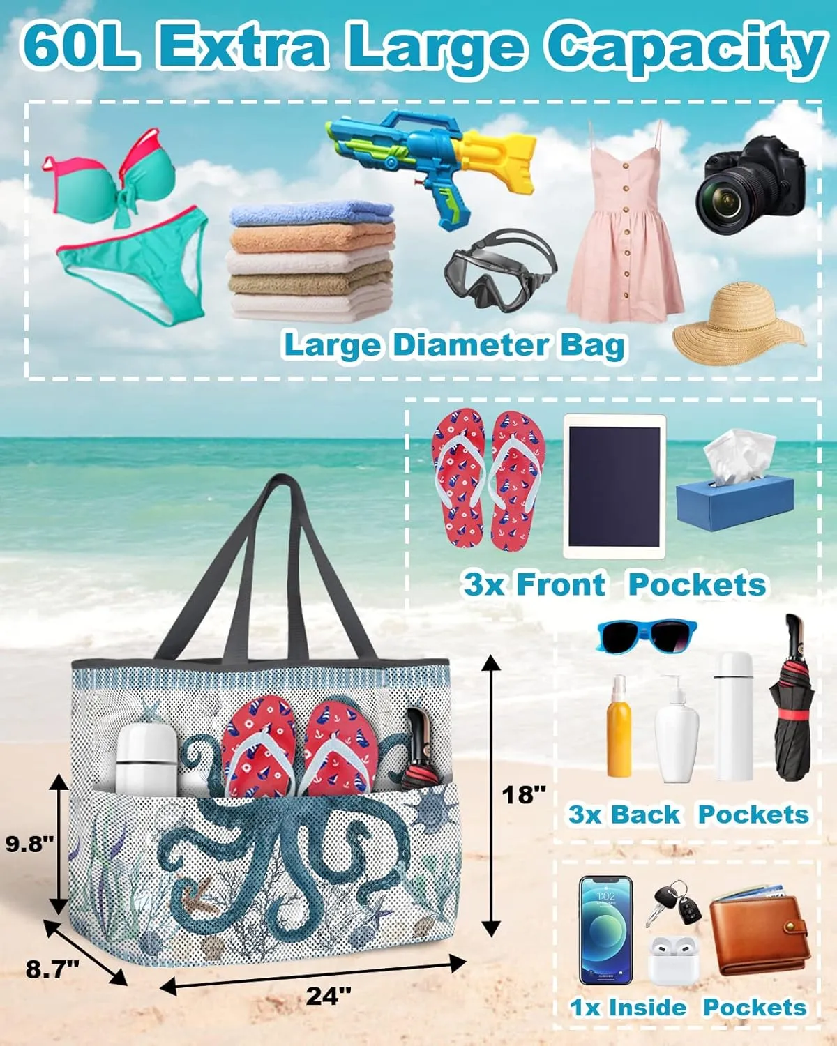Extra Large Beach Themed Patterned 7 Pocket Mesh Sandproof Water Resistant Beach Bag
