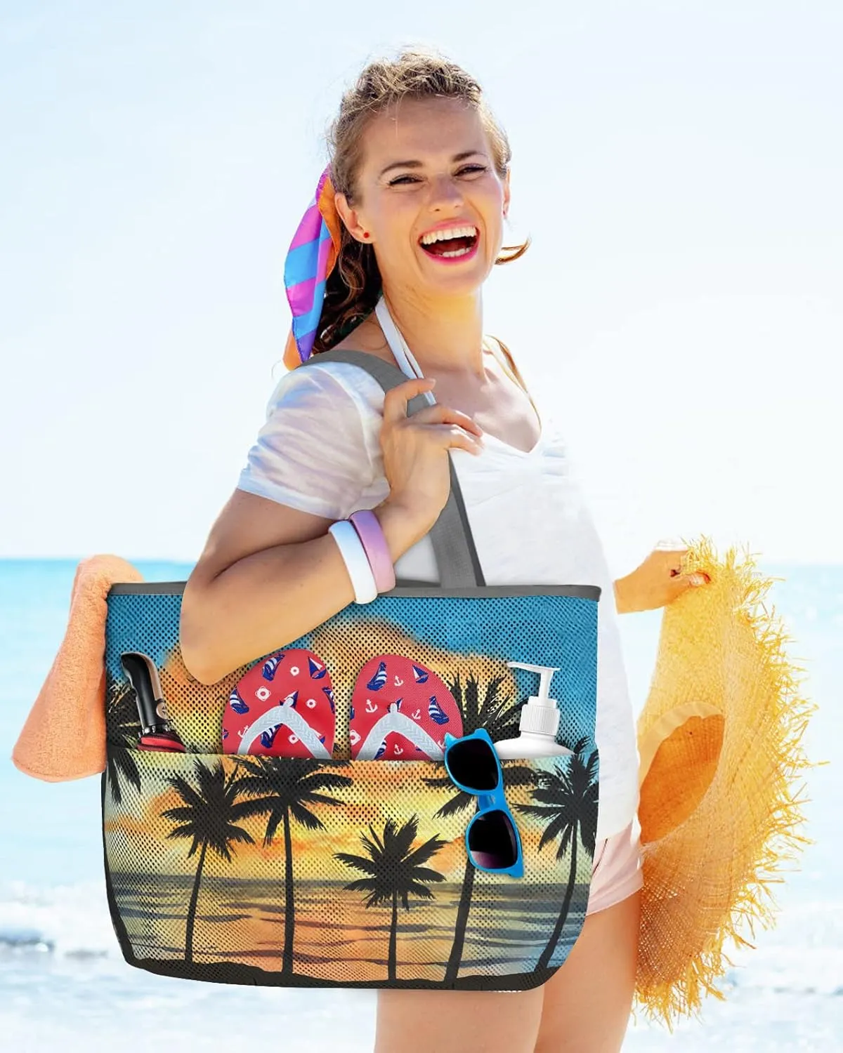 Extra Large Beach Themed Patterned 7 Pocket Mesh Sandproof Water Resistant Beach Bag