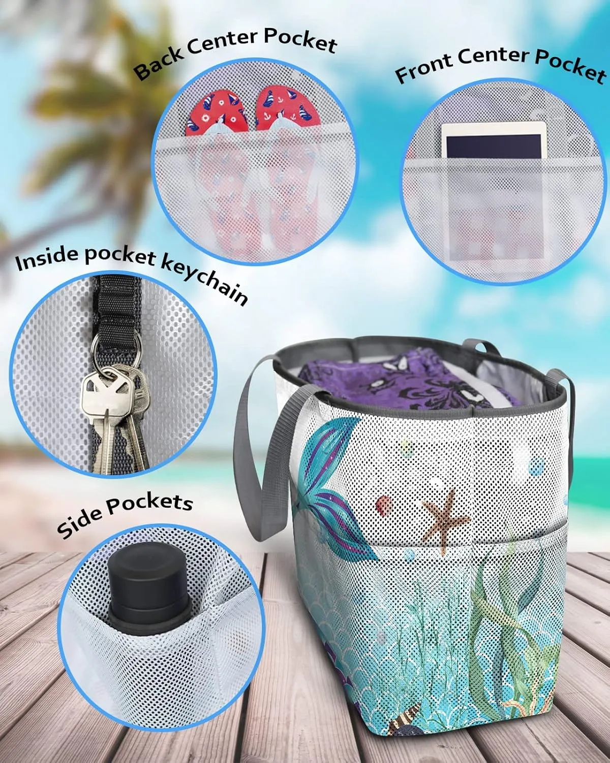 Extra Large Beach Themed Patterned 7 Pocket Mesh Sandproof Water Resistant Beach Bag
