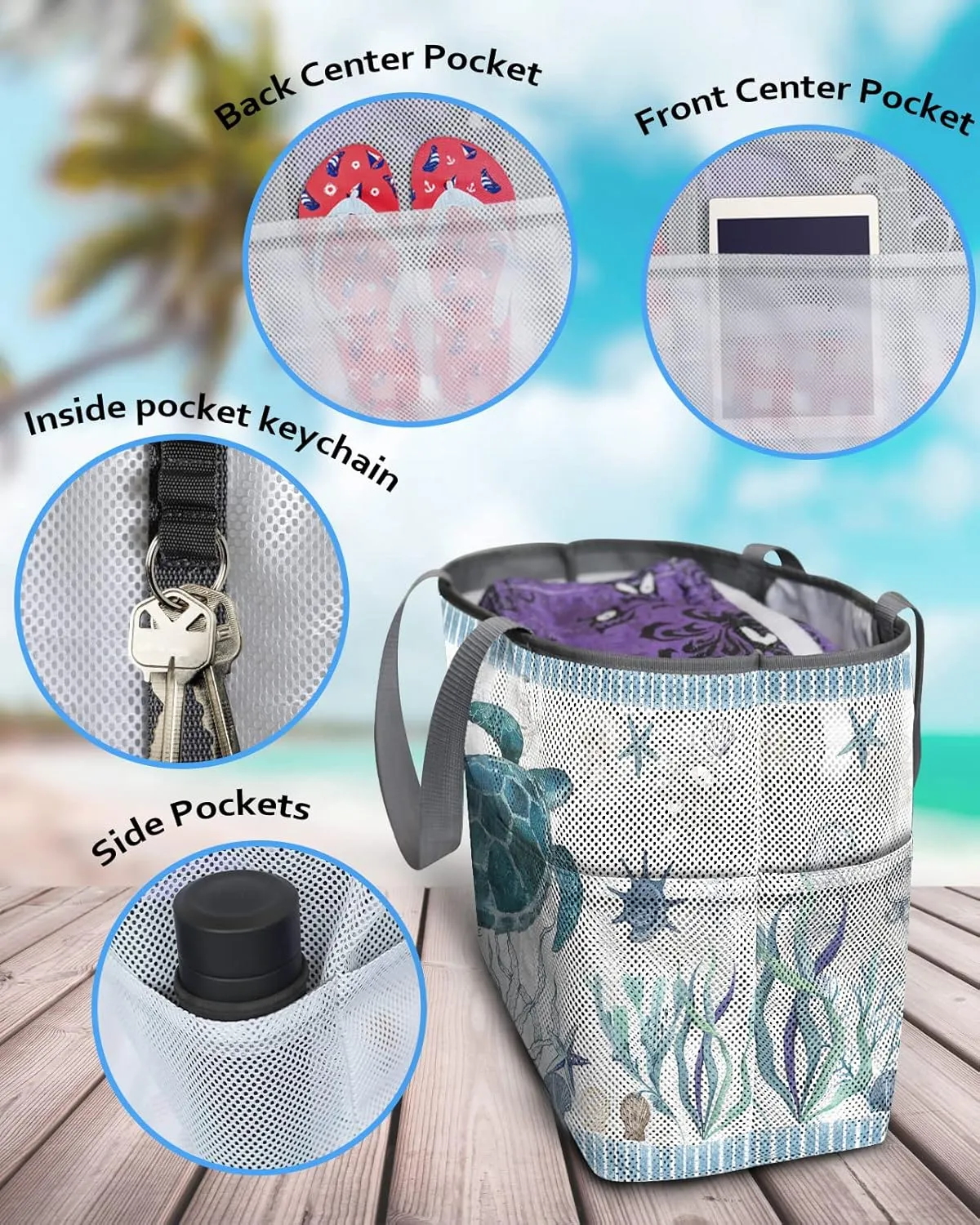 Extra Large Beach Themed Patterned 7 Pocket Mesh Sandproof Water Resistant Beach Bag
