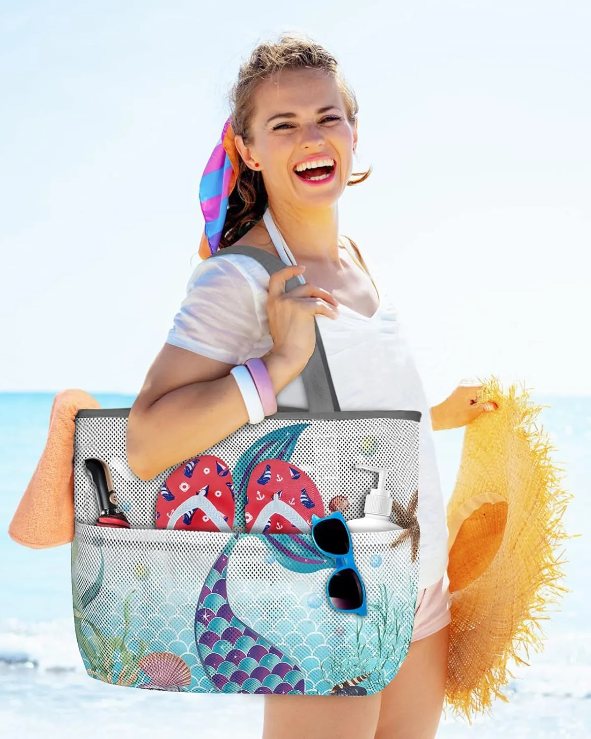 Extra Large Beach Themed Patterned 7 Pocket Mesh Sandproof Water Resistant Beach Bag