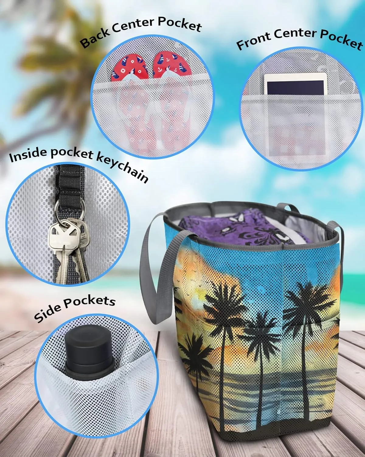 Extra Large Beach Themed Patterned 7 Pocket Mesh Sandproof Water Resistant Beach Bag