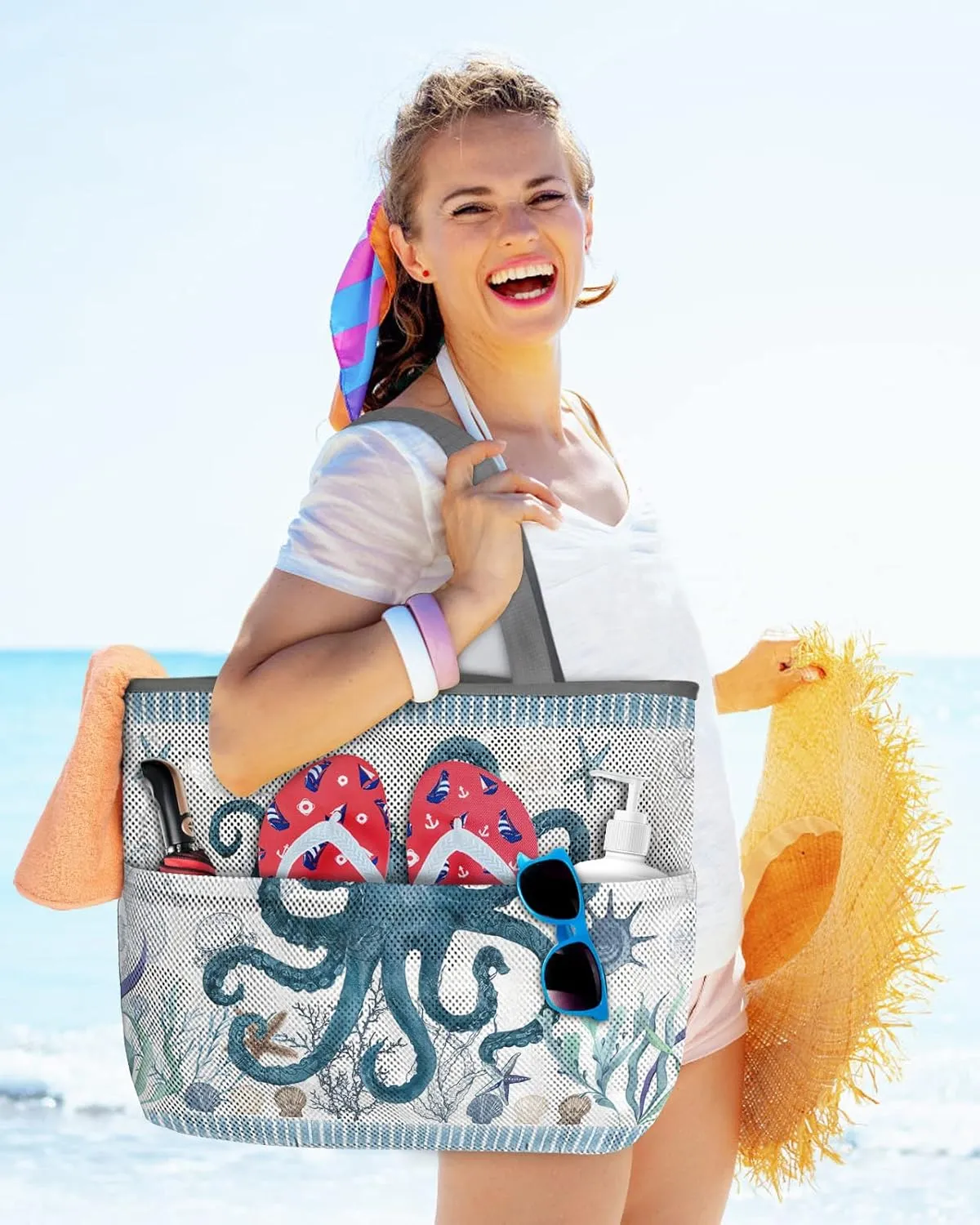 Extra Large Beach Themed Patterned 7 Pocket Mesh Sandproof Water Resistant Beach Bag