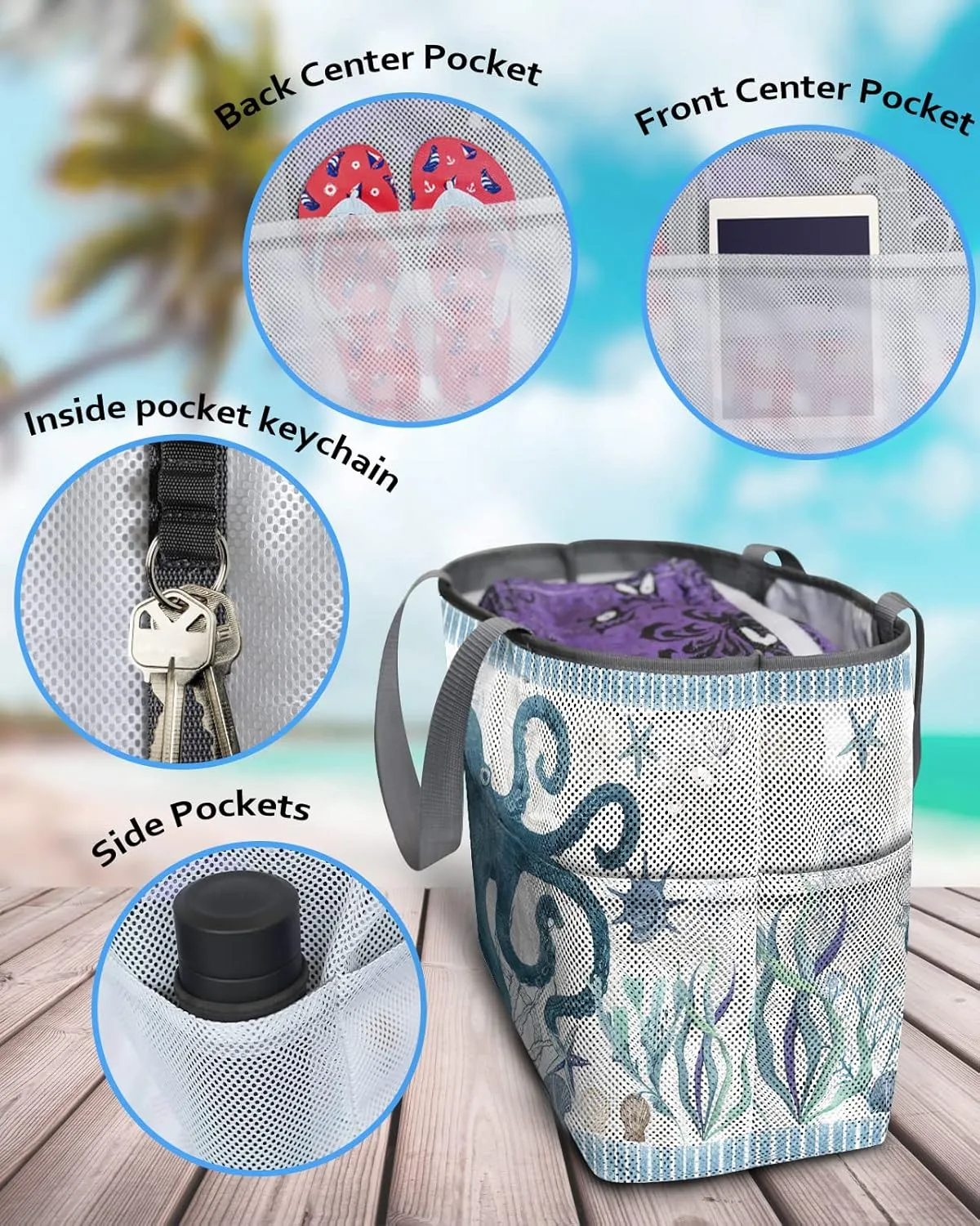 Extra Large Beach Themed Patterned 7 Pocket Mesh Sandproof Water Resistant Beach Bag