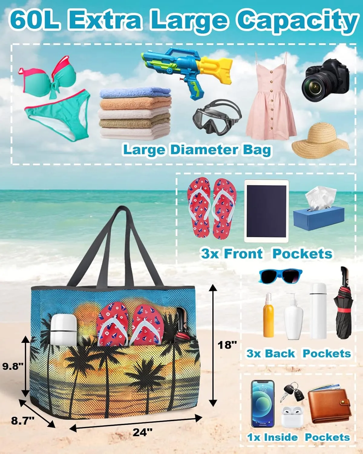 Extra Large Beach Themed Patterned 7 Pocket Mesh Sandproof Water Resistant Beach Bag
