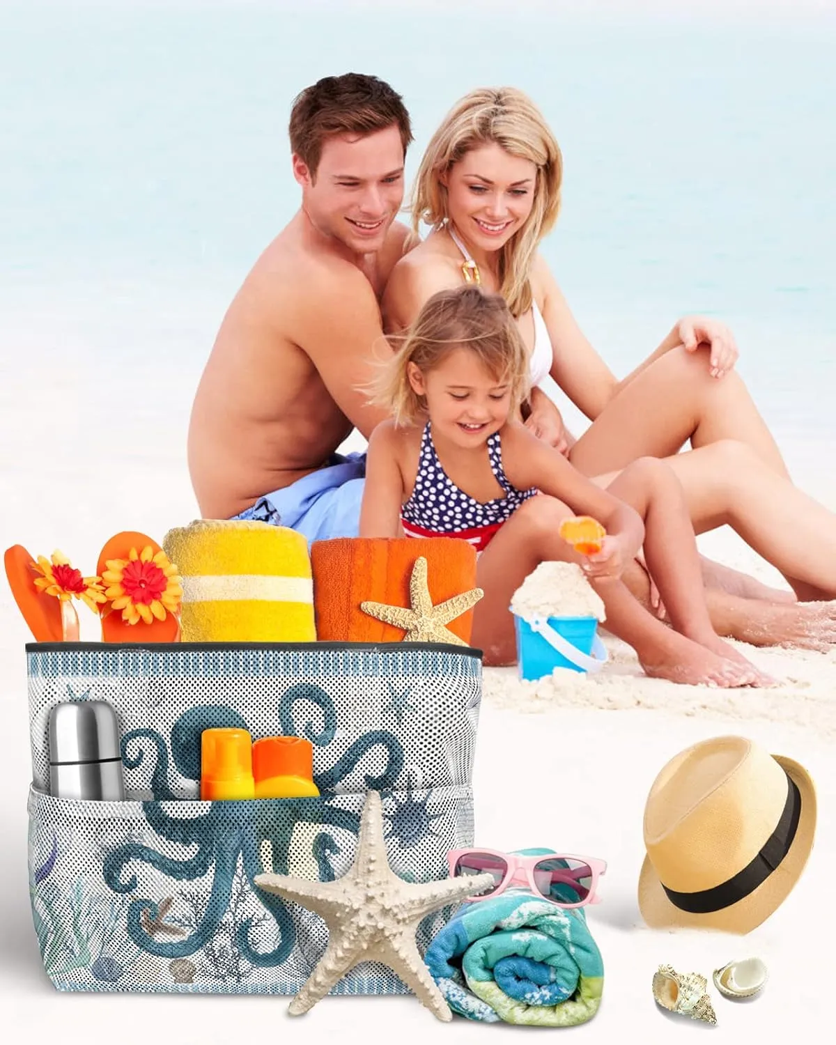 Extra Large Beach Themed Patterned 7 Pocket Mesh Sandproof Water Resistant Beach Bag