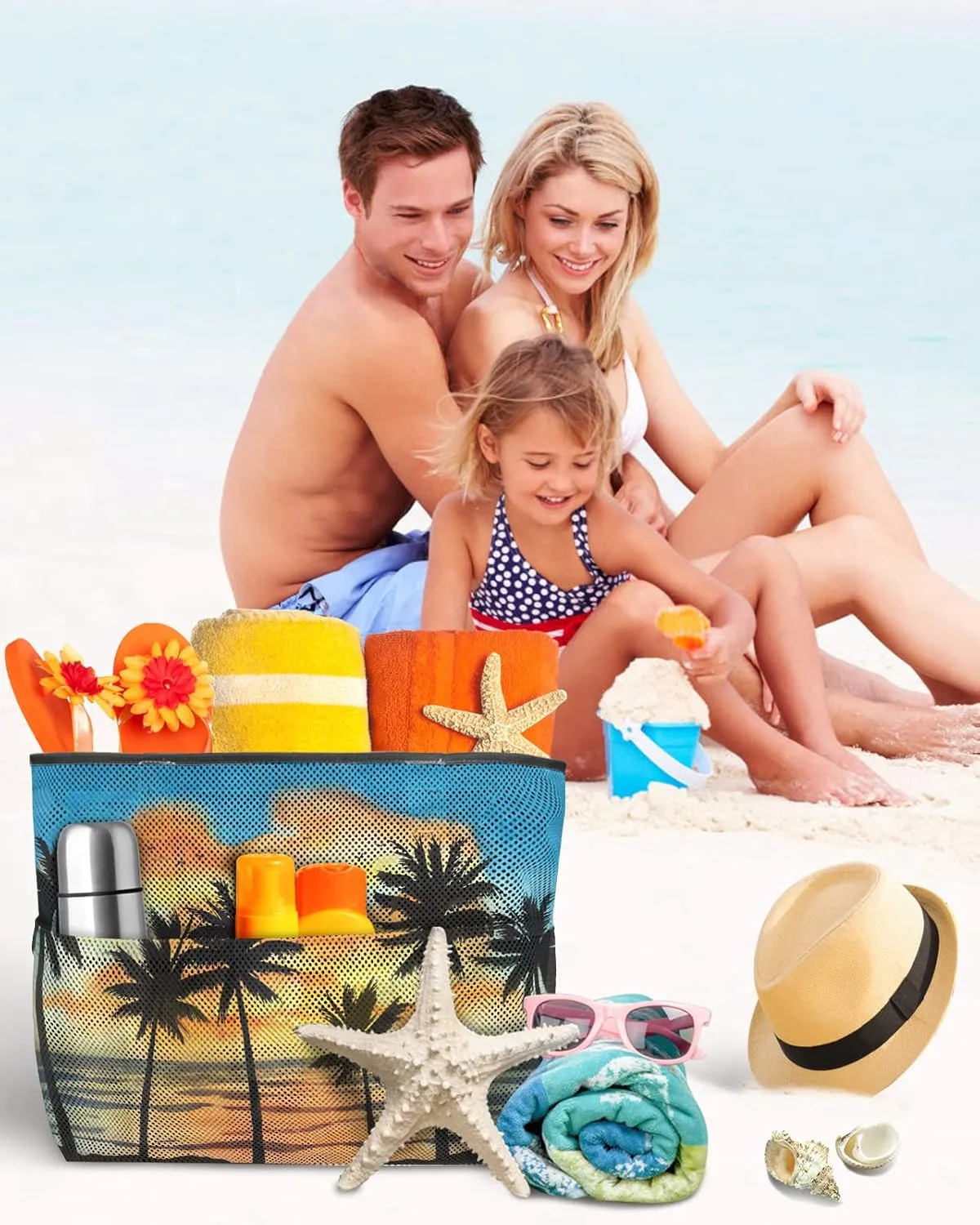 Extra Large Beach Themed Patterned 7 Pocket Mesh Sandproof Water Resistant Beach Bag