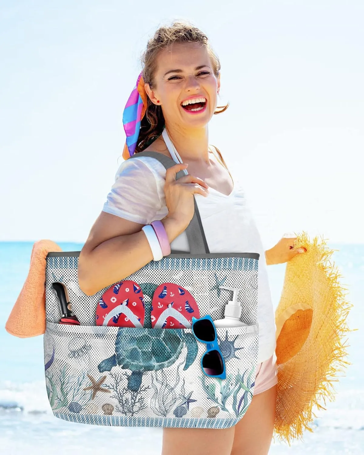 Extra Large Beach Themed Patterned 7 Pocket Mesh Sandproof Water Resistant Beach Bag