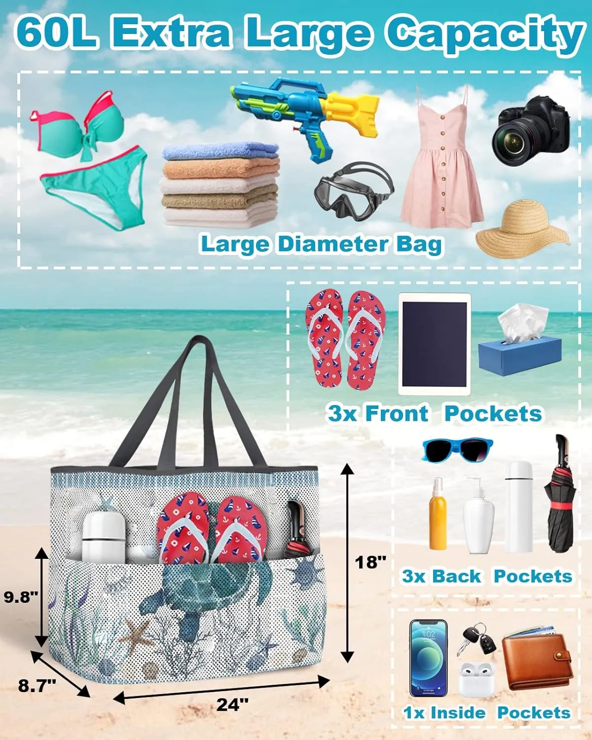 Extra Large Beach Themed Patterned 7 Pocket Mesh Sandproof Water Resistant Beach Bag