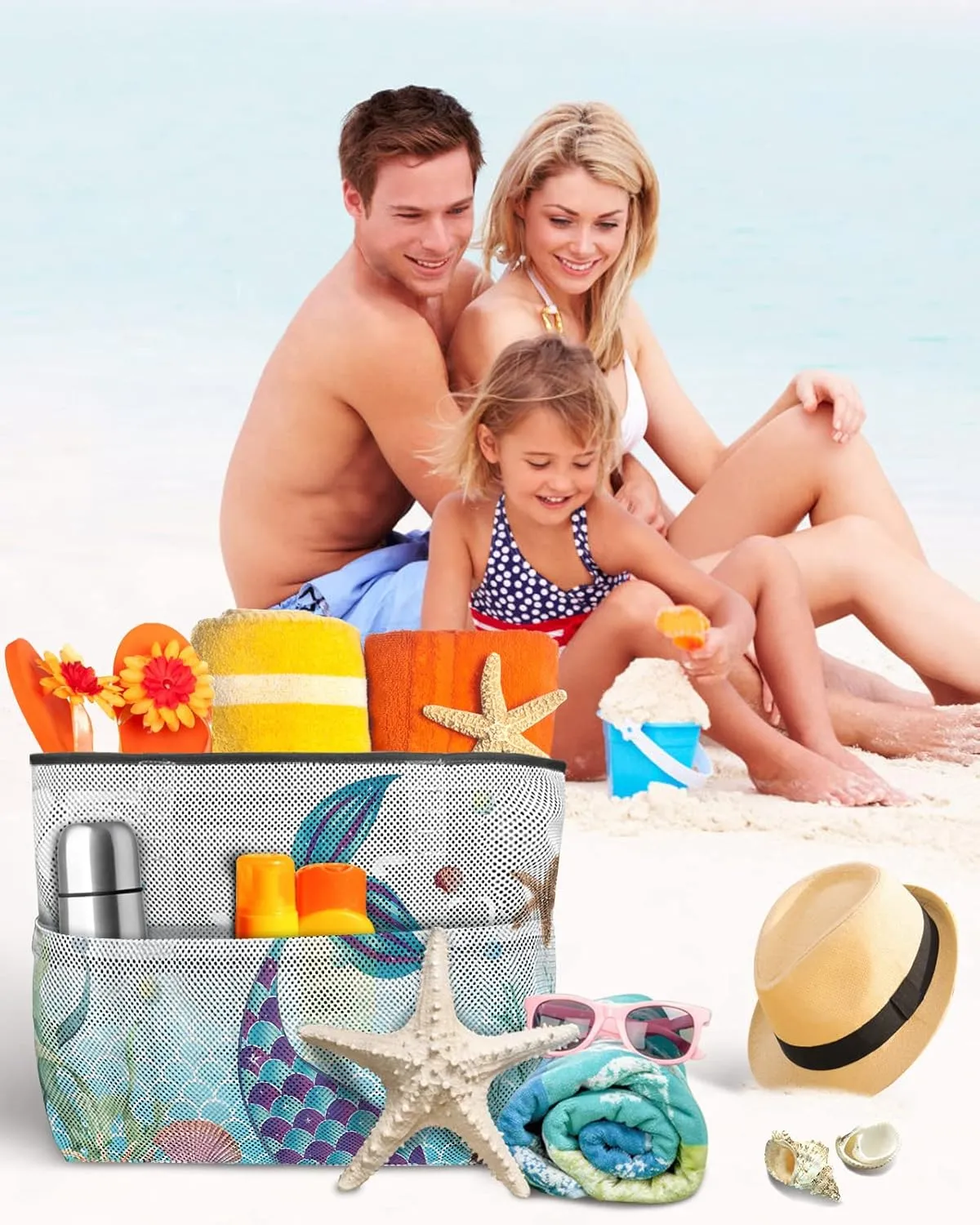 Extra Large Beach Themed Patterned 7 Pocket Mesh Sandproof Water Resistant Beach Bag