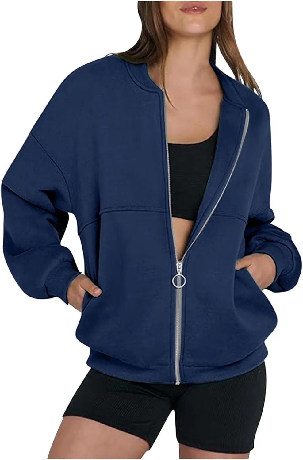 Fall Jackets for Women Zip Up Sweatshirts Long Sleeve Shirts Bomber Jacket with Pockets Fleece Sweaters Tops