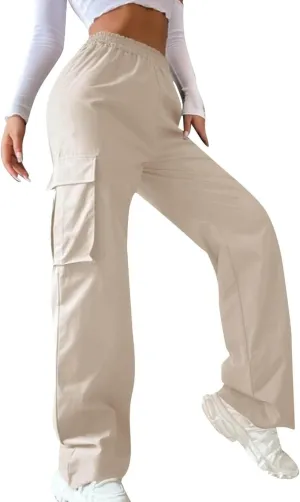 fanmpghleoo Baggy Cargo Pants Women High Waist Elastic Casual Wide Leg Pants Pull On Lightweight Hiking Trousers with Pockets