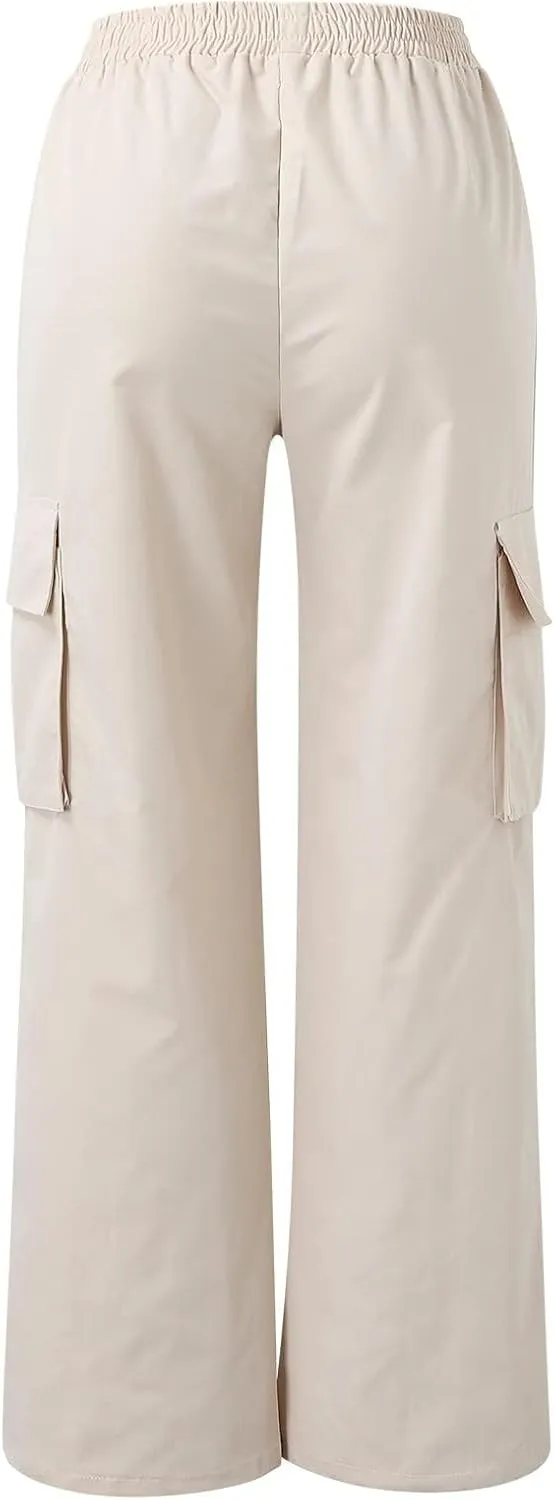 fanmpghleoo Baggy Cargo Pants Women High Waist Elastic Casual Wide Leg Pants Pull On Lightweight Hiking Trousers with Pockets