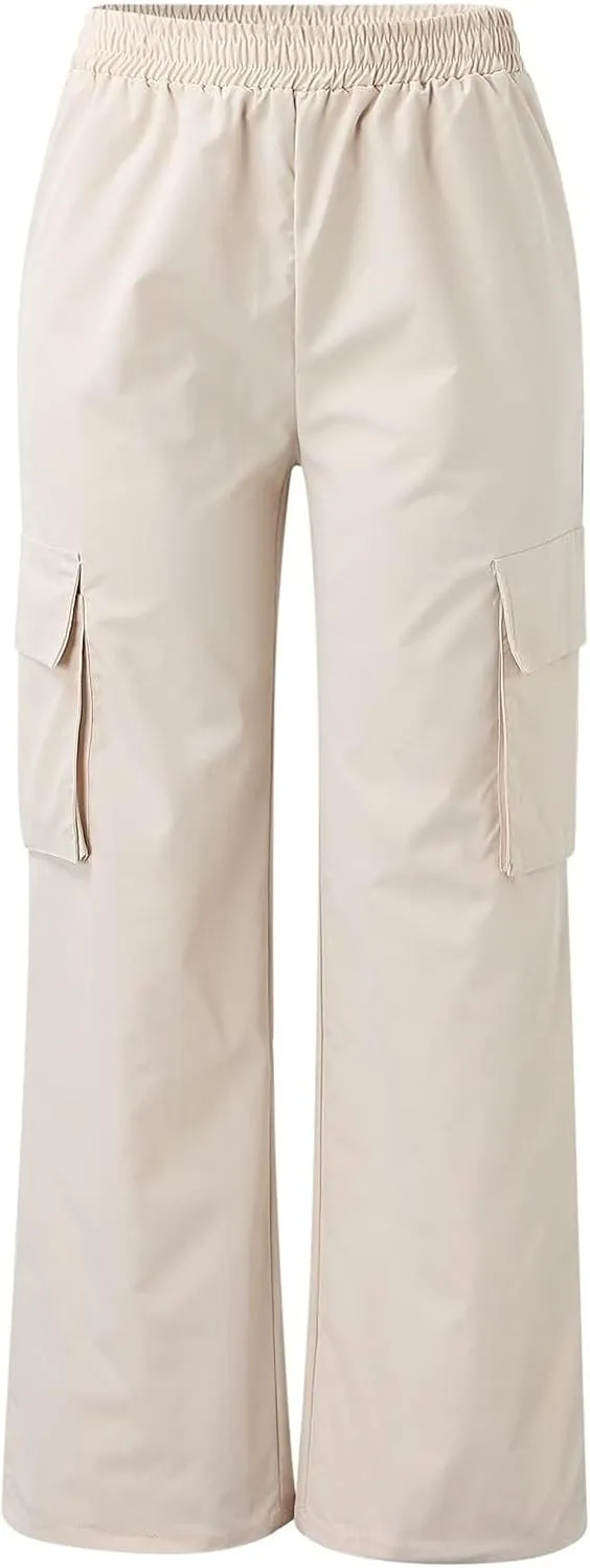 fanmpghleoo Baggy Cargo Pants Women High Waist Elastic Casual Wide Leg Pants Pull On Lightweight Hiking Trousers with Pockets