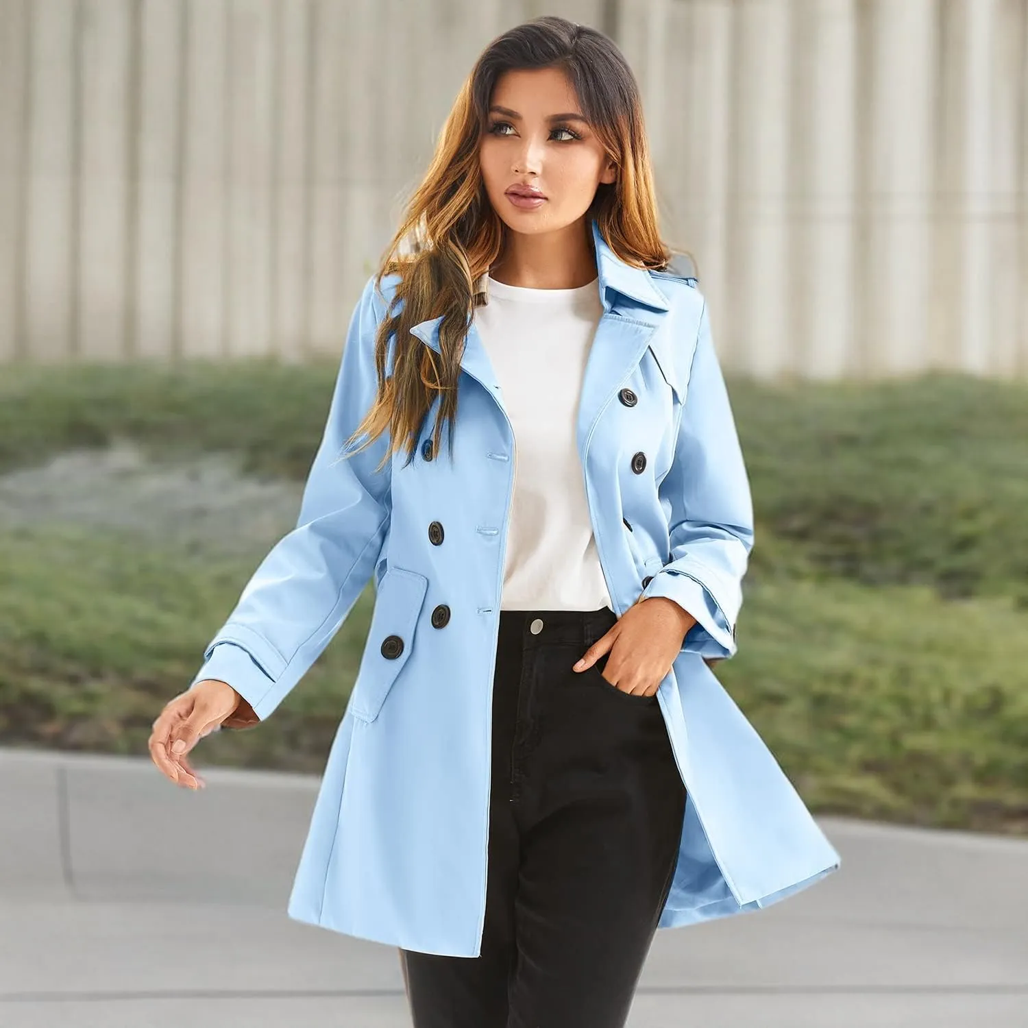 FARVALUE Women's Double Breasted Trench Coat Water Resistant Windbreaker Classic Belted Lapel Overcoat