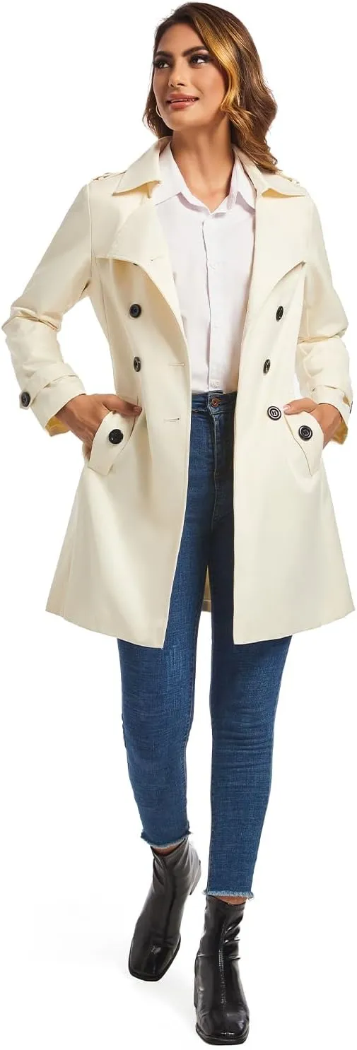 FARVALUE Women's Double Breasted Trench Coat Water Resistant Windbreaker Classic Belted Lapel Overcoat