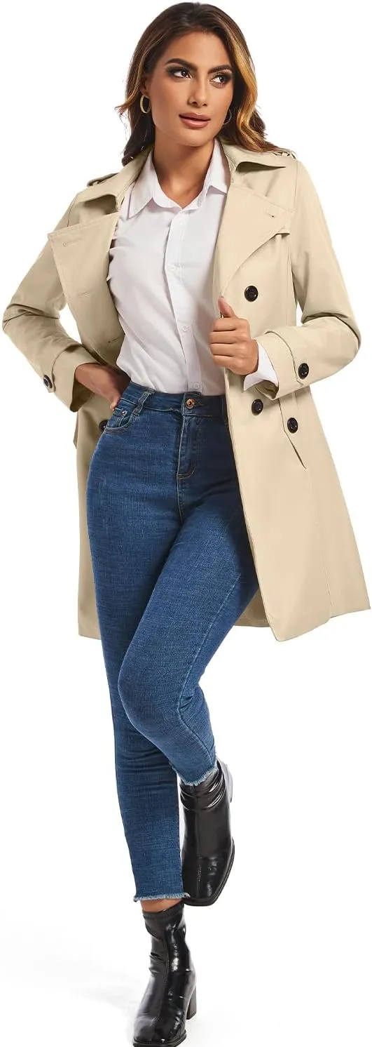 FARVALUE Women's Double Breasted Trench Coat Water Resistant Windbreaker Classic Belted Lapel Overcoat