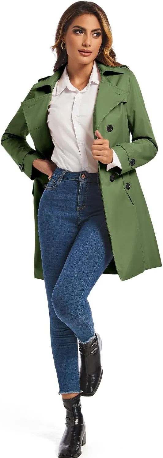 FARVALUE Women's Double Breasted Trench Coat Water Resistant Windbreaker Classic Belted Lapel Overcoat