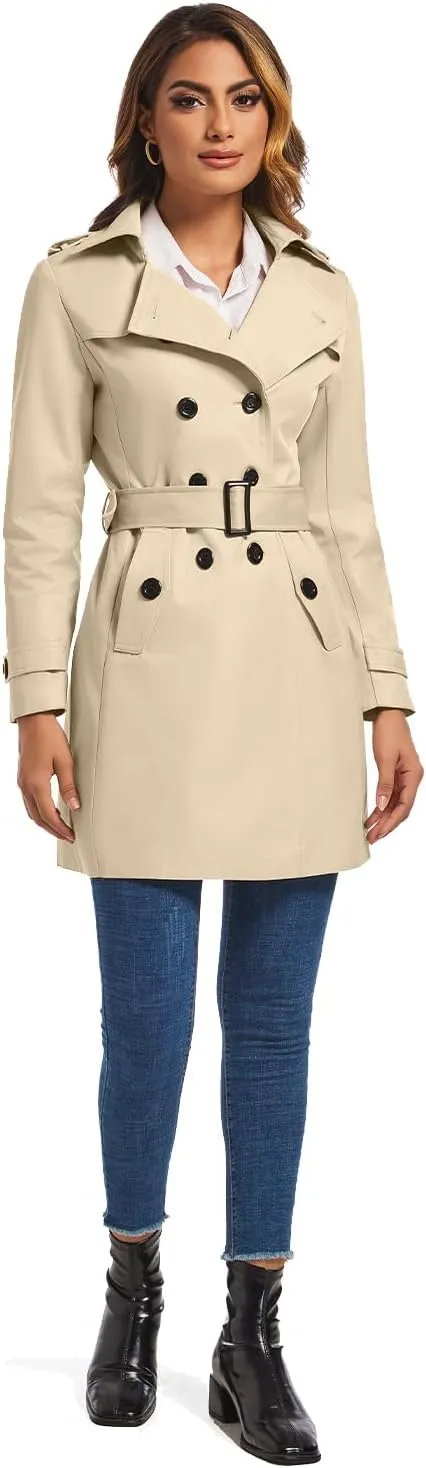 FARVALUE Women's Double Breasted Trench Coat Water Resistant Windbreaker Classic Belted Lapel Overcoat