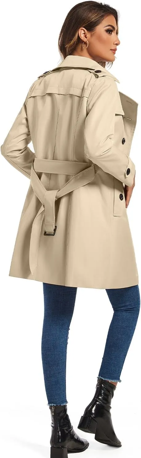 FARVALUE Women's Double Breasted Trench Coat Water Resistant Windbreaker Classic Belted Lapel Overcoat