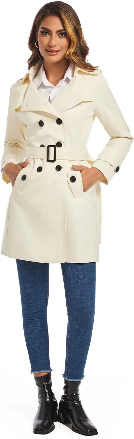 FARVALUE Women's Double Breasted Trench Coat Water Resistant Windbreaker Classic Belted Lapel Overcoat