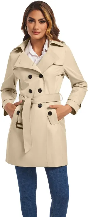 FARVALUE Women's Double Breasted Trench Coat Water Resistant Windbreaker Classic Belted Lapel Overcoat
