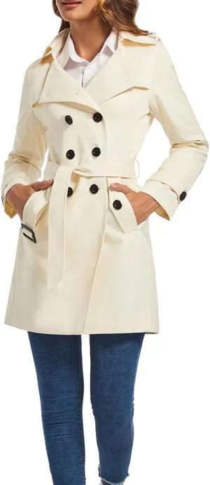 FARVALUE Women's Double Breasted Trench Coat Water Resistant Windbreaker Classic Belted Lapel Overcoat